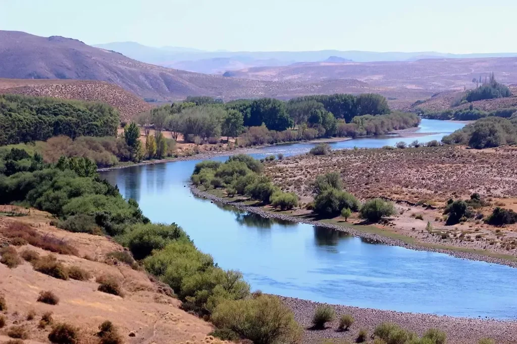 Panoramic view of the Collon Cura River valley in Patagonia