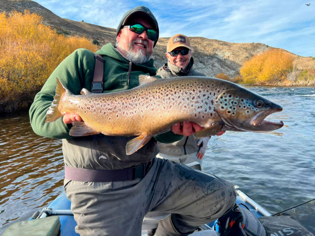 Two anglers holding massive brown trout fly fishing in Patagonia