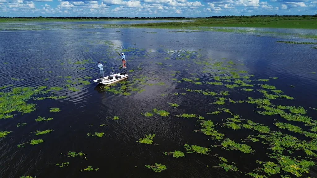 Fishing skiff navigating the Parana River waters for golden dorado