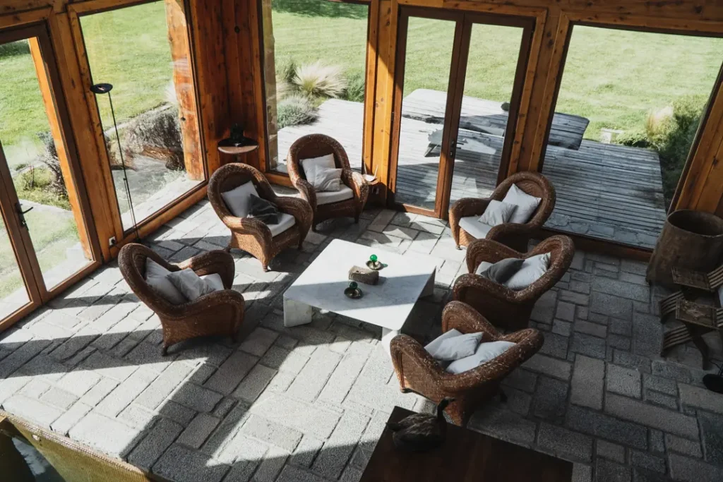 Overhead aerial view of Stone River Lodge and surrounding nature