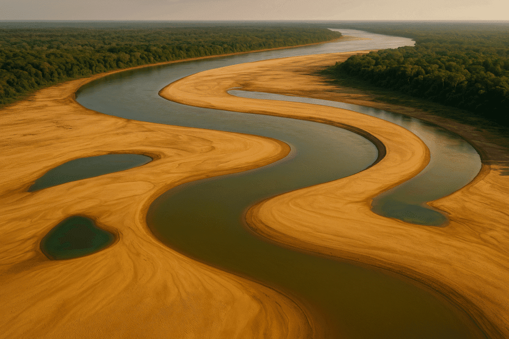 Aerial view of the Paraná River winding through golden sandbars and lush forest, inviting anglers to the ultimate Golden Dorado fishing adventure.